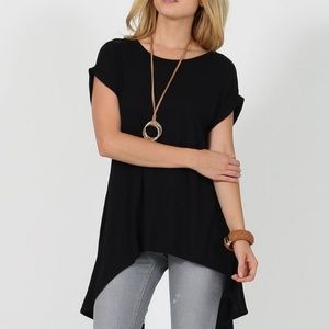Black Hi-Lo Open Back Tunic Shortsleeve Top